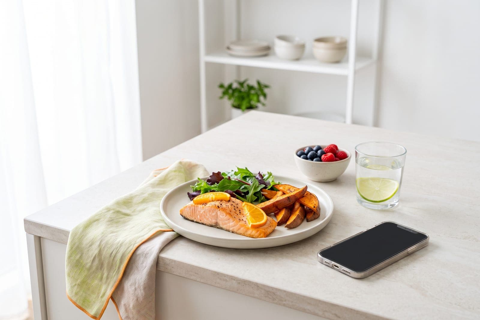A balanced plate of salmon, sweet potato and greens on a bright kitchen counter
