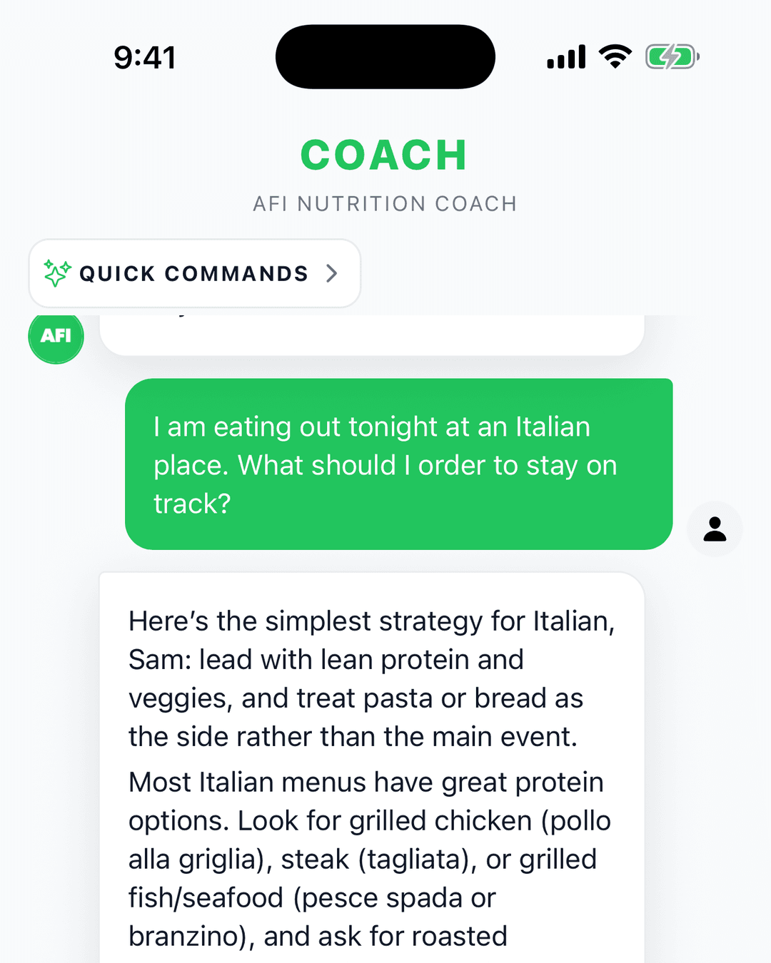 AFI Nutrition coach chat