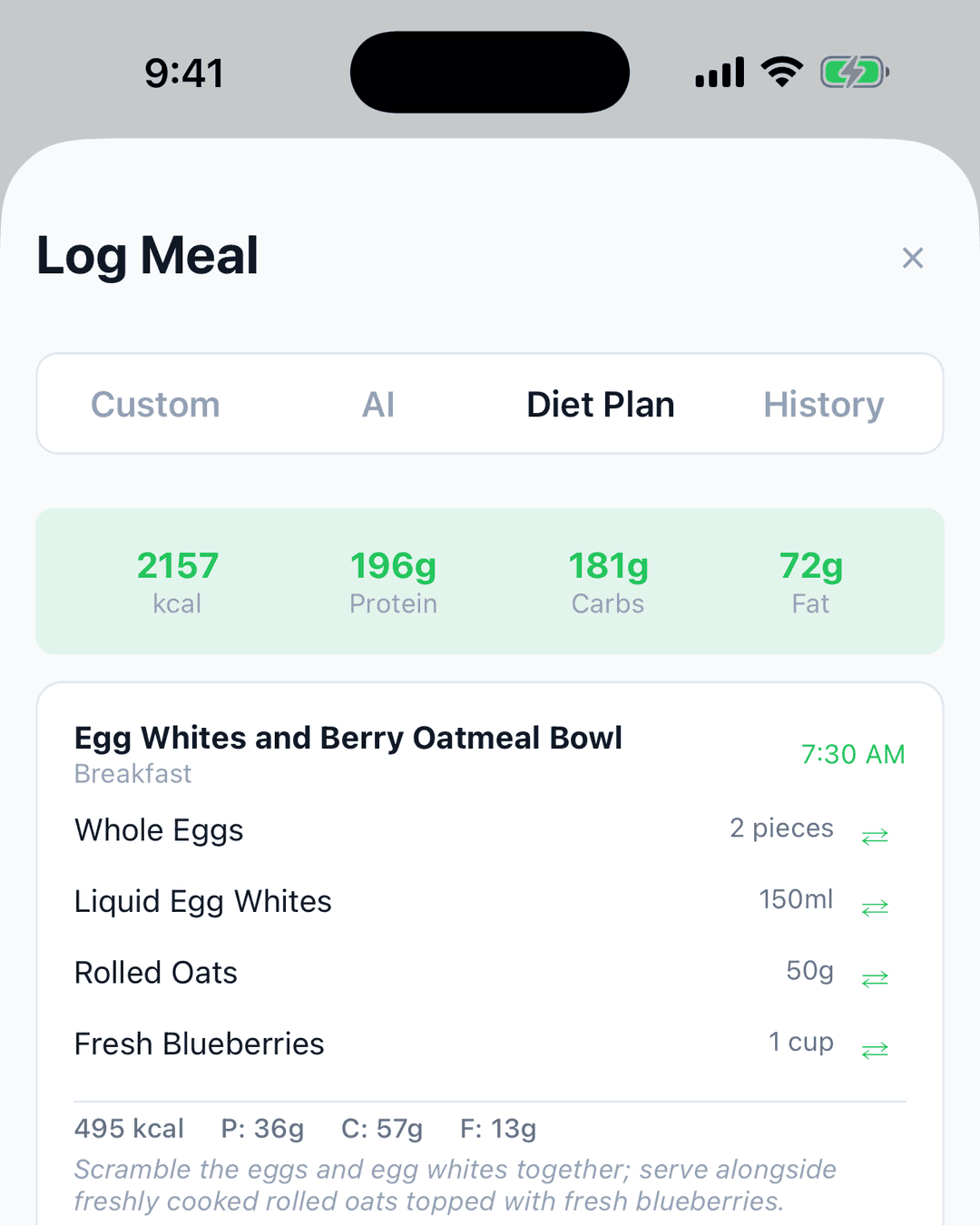 AFI Nutrition meal plan for the day