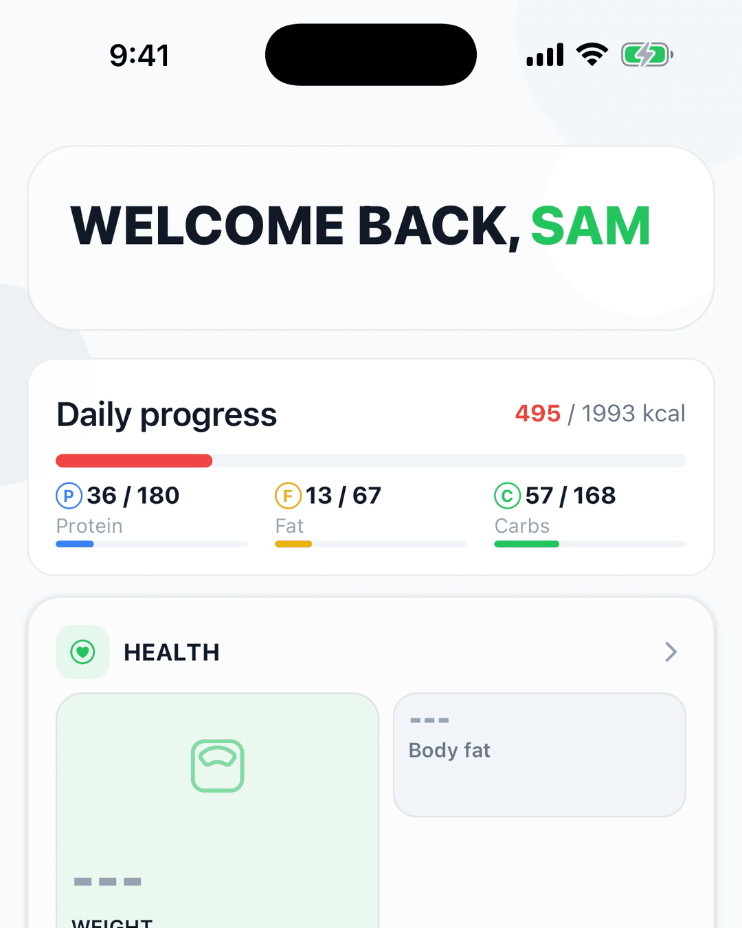 AFI Nutrition dashboard with the daily calorie and macro progress