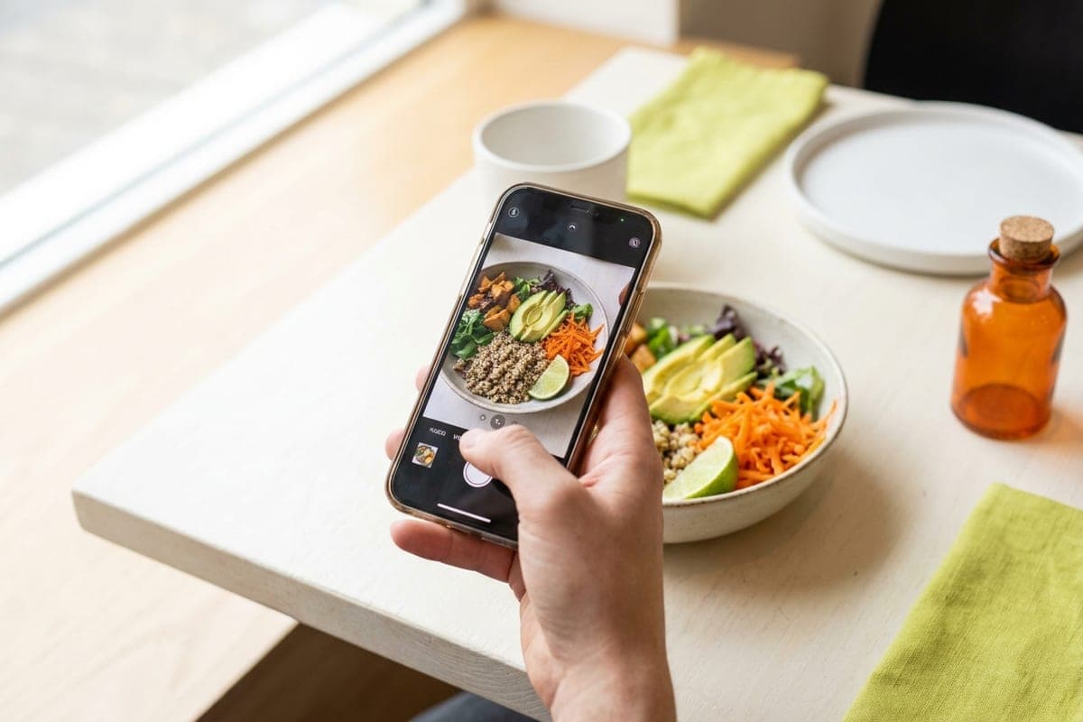 A hand photographing a lunch bowl with a phone
