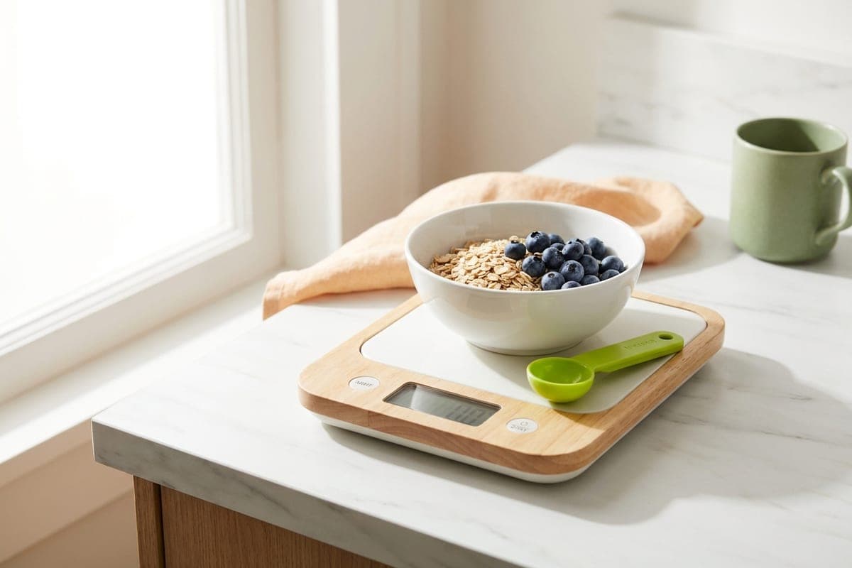 A bowl of oats and blueberries on a kitchen scale