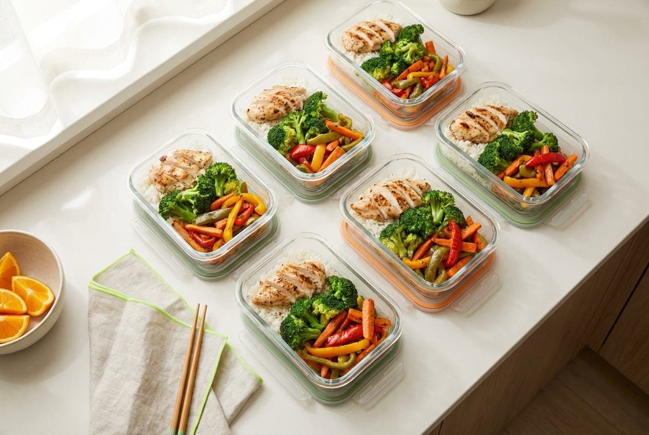 Six labelled meal-prep containers in bright morning light